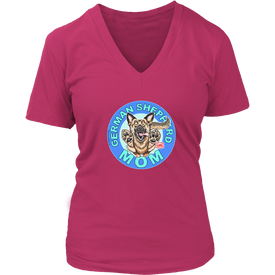 a women's pink v-neck shirt featuring the original artwork by OMG You're Home! The German Shepherd dog mom design is on the front in full color. 