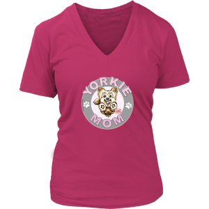 a women's pink v-neck shirt with the OMG You're Home! Yorkie dog mom design on the front with pink letters