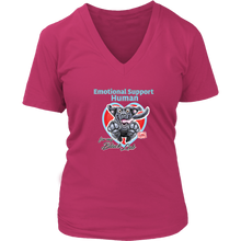 Load image into Gallery viewer, a womens pink v-neck by District featuring the OMG You&#39;re Home! Black Labrador Retriever dog design on the front. 