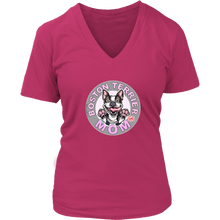 Load image into Gallery viewer, A women&#39;s pink v-neck shirt from OMG You&#39;re Home! with the Boston Terrier dog Mom design on the front in pink letters