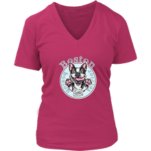 Load image into Gallery viewer, a pink v neck tee with the OMG Boston Terrier dog design on the front