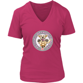 A womens pink V-Neck by District features the original Golden Retriever dog artwork by OMG You're Home! This collection is dedicated to those of us who love and support rescues.