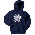 Front view of a youth navy blue hoodie featuring the OMG Blue Nose Pit Bull design