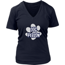 Load image into Gallery viewer, dog person design on a blue v-neck t-shirt for women dog lovers