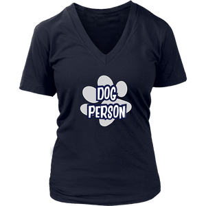 dog person design on a blue v-neck t-shirt for women dog lovers