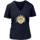a womens blue v neck shirt with a golden retriever design on the front