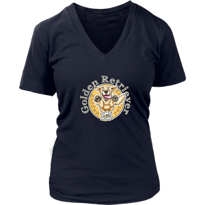 a womens blue v neck shirt with a golden retriever design on the front