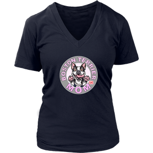 A women's navy blue v-neck shirt from OMG You're Home! with the Boston Terrier dog Mom design on the front in pink letters