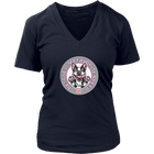 a women's navy blue v-neck shirt featuring the OMG You're Home Boston Terrier dog design with Rescue is my favorite breed in pink letters