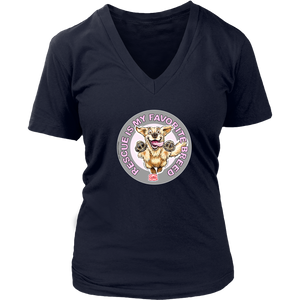 A womens navy blue V-Neck by District features the original Golden Retriever dog artwork by OMG You're Home! This collection is dedicated to those of us who love and support rescues.