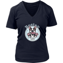 Load image into Gallery viewer, a navy blue v neck tee with the OMG Boston Terrier dog design on the front