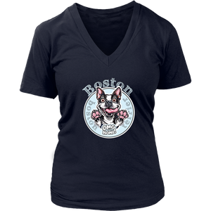 a navy blue v neck tee with the OMG Boston Terrier dog design on the front