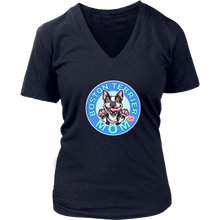 Load image into Gallery viewer, A women&#39;s navy blue v-neck shirt from OMG You&#39;re Home! with the Boston Terrier dog Mom design on the front in blue letters