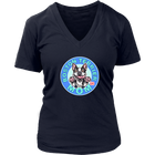 A women's navy blue v-neck shirt from OMG You're Home! with the Boston Terrier dog Mom design on the front in blue letters