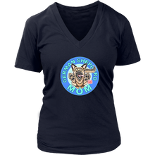 Load image into Gallery viewer, a women&#39;s navy blue v-neck shirt featuring the original artwork by OMG You&#39;re Home! The German Shepherd dog mom design is on the front in full color. 