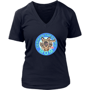 a women's navy blue v-neck shirt featuring the original artwork by OMG You're Home! The German Shepherd dog mom design is on the front in full color. 