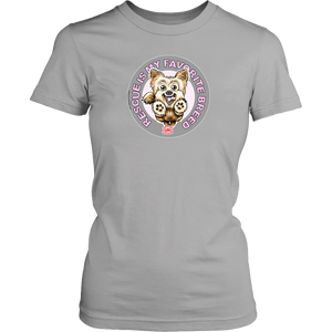 Rescue is my favorite breed on a women's grey t-shirt featuring the Yorkie