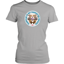 Load image into Gallery viewer, front view of a womens light grey t-shirt featuring the original Red Nose Pitbull artwork by OMG You&#39;re Home! Part of the &quot;Rescue is my favorite breed&quot; collection.