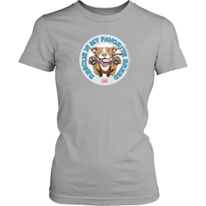 front view of a womens light grey t-shirt featuring the original Red Nose Pitbull artwork by OMG You're Home! Part of the "Rescue is my favorite breed" collection.