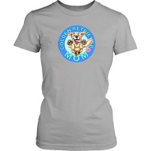 Load image into Gallery viewer, A womens light grey shirt by District featuring the original Golden Retriever dog artwork on the front