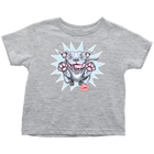a toddler's light grey t-shirt with the Blue Nose Pit Bull design by OMG You're Home on the front in full vibrant color