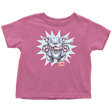 Load image into Gallery viewer, a toddler&#39;s bright pink t-shirt with the Blue Nose Pit Bull design by OMG You&#39;re Home on the front in full vibrant color