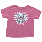 a toddler's bright pink t-shirt with the Blue Nose Pit Bull design by OMG You're Home on the front in full vibrant color