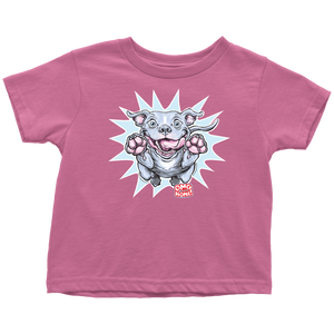 a toddler's bright pink t-shirt with the Blue Nose Pit Bull design by OMG You're Home on the front in full vibrant color