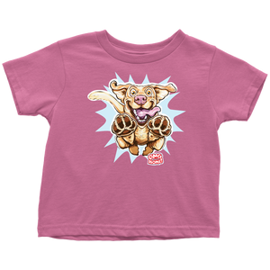 a pink OMG You're Home toddler t-shirt featuring the original Yellow Labrador Retriever dog design on the front in full color