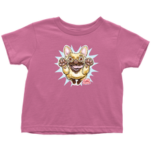 Load image into Gallery viewer, a toddler&#39;s dark pink t-shirt with the original OMG You&#39;re Home Fawn Frenchie dog design on the front in full color