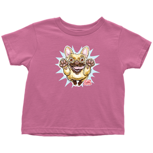 a toddler's dark pink t-shirt with the original OMG You're Home Fawn Frenchie dog design on the front in full color