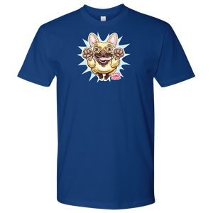 front view of a men's blue t-shirt with the OMG You're Home original Fawn Frenchie artwork