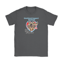 Load image into Gallery viewer, a grey Gildan Womens T-Shirt for dog lovers featuring the German Shepherd design in the Emotional Support Human collection