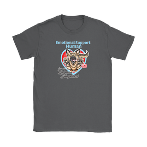 a grey Gildan Womens T-Shirt for dog lovers featuring the German Shepherd design in the Emotional Support Human collection