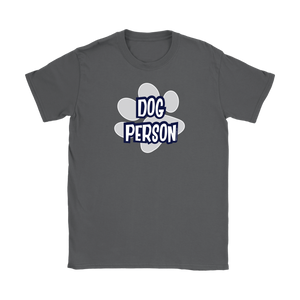 a women's grey shirt for dog lovers featuring the DOG PERSON design on the front