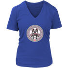 a women's royal blue v-neck shirt featuring the OMG You're Home Boston Terrier dog design with Rescue is my favorite breed in pink letters