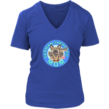 Load image into Gallery viewer, a women&#39;s royal blue v-neck shirt featuring the original artwork by OMG You&#39;re Home! The German Shepherd dog mom design is on the front in full color. 