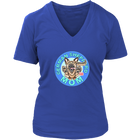 a women's royal blue v-neck shirt featuring the original artwork by OMG You're Home! The German Shepherd dog mom design is on the front in full color. 