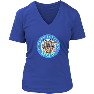 a women's royal blue v-neck shirt featuring the original artwork by OMG You're Home! The German Shepherd dog mom design is on the front in full color. 