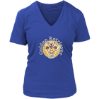 a womans royal blue v neck shirt with a golden retriever design on the front