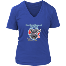 Load image into Gallery viewer, a womens roay blue v-neck by District featuring the OMG You&#39;re Home! Black Labrador Retriever dog design on the front. 