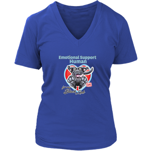 a womens roay blue v-neck by District featuring the OMG You're Home! Black Labrador Retriever dog design on the front. 