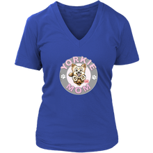 Load image into Gallery viewer, a women&#39;s royal blue v-neck shirt with the OMG You&#39;re Home! Yorkie dog mom design on the front with pink letters