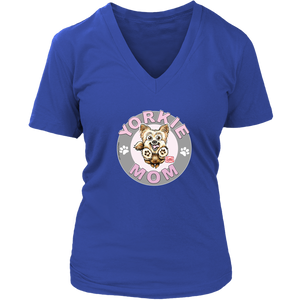 a women's royal blue v-neck shirt with the OMG You're Home! Yorkie dog mom design on the front with pink letters