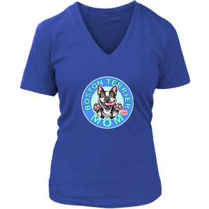 A women's royal blue v-neck shirt from OMG You're Home! with the Boston Terrier dog Mom design on the front in blue letters