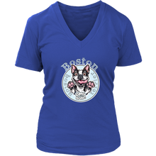 Load image into Gallery viewer, a royal blue v neck tee with the OMG Boston Terrier dog design on the front