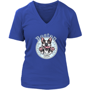 a royal blue v neck tee with the OMG Boston Terrier dog design on the front