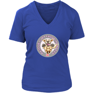 A womens royal blue V-Neck by District features the original Golden Retriever dog artwork by OMG You're Home! This collection is dedicated to those of us who love and support rescues.