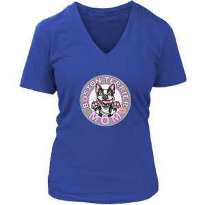 A women's royal blue v-neck shirt from OMG You're Home! with the Boston Terrier dog Mom design on the front in pink letters