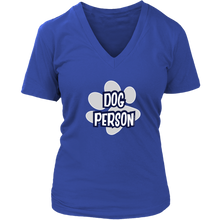 Load image into Gallery viewer, dog person design on a royal blue v-neck t-shirt for women dog lovers